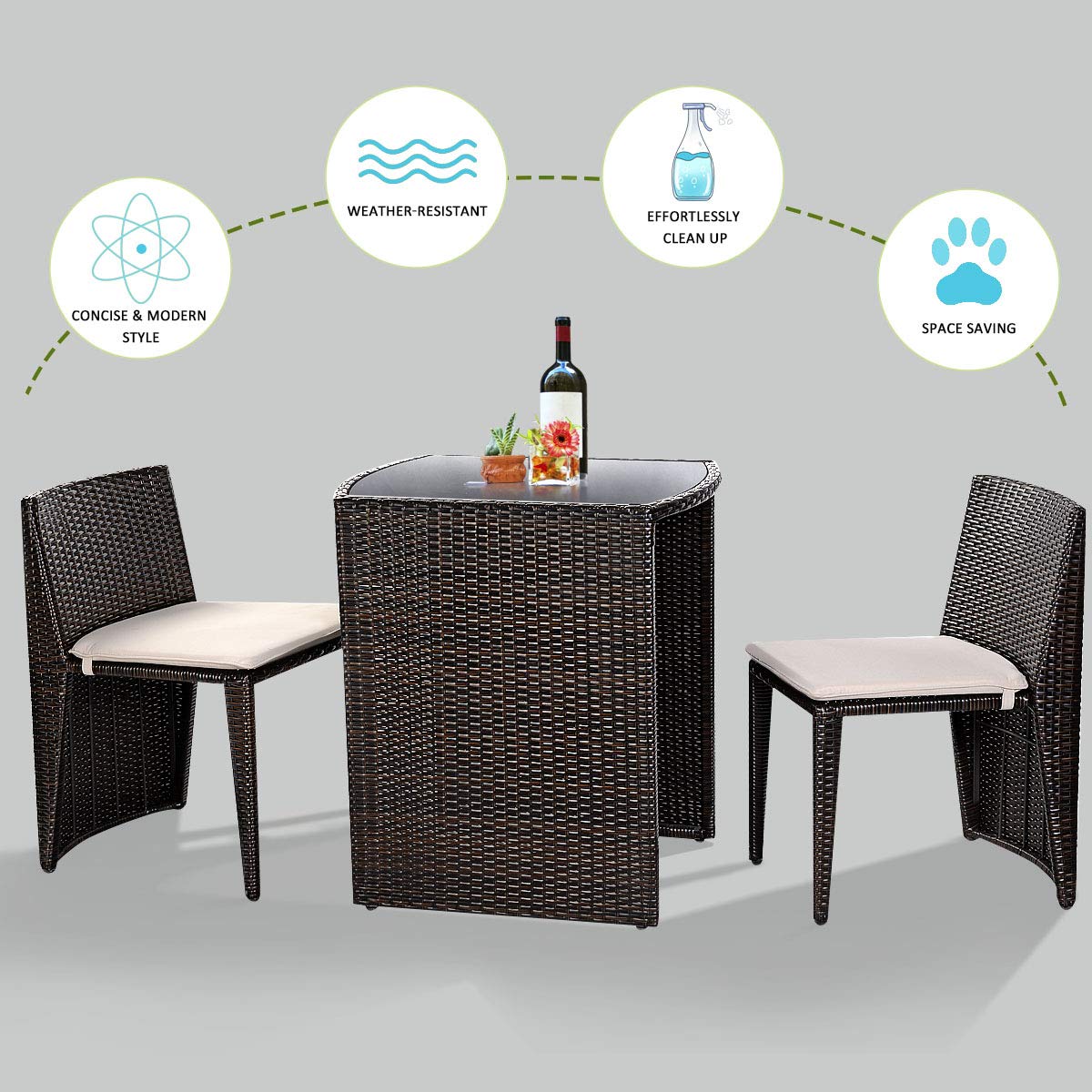 3-Piece Cushioned Wicker Patio Bistro Set