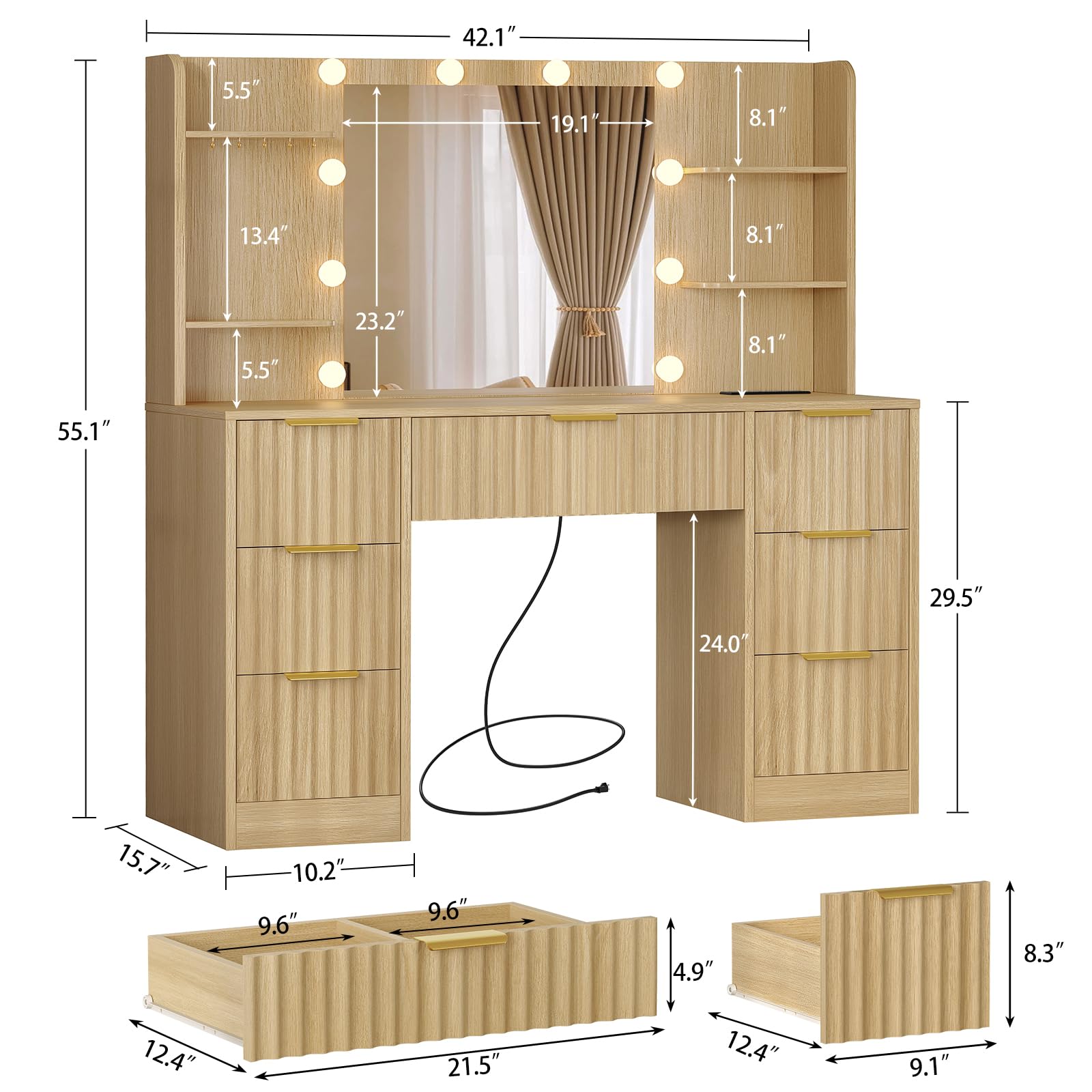 FIONESO Fluted Vanity Desk with Mirror and Adjustable LED Lights & Power Outlet, Makeup Vanity Desk with 7 Drawers,4 Shelves and 5 Hooks, Vanity for Girls, Natural Oak