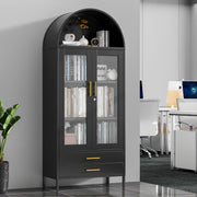 GangMei 73" Tall Display Cabinet with Glass Doors and 2 Drawers, Metal Arched Cabinet with 2 Adjustable Shelves & Lock, Freestanding Curio Storage Cabinet for Home, Assembly Required, Black