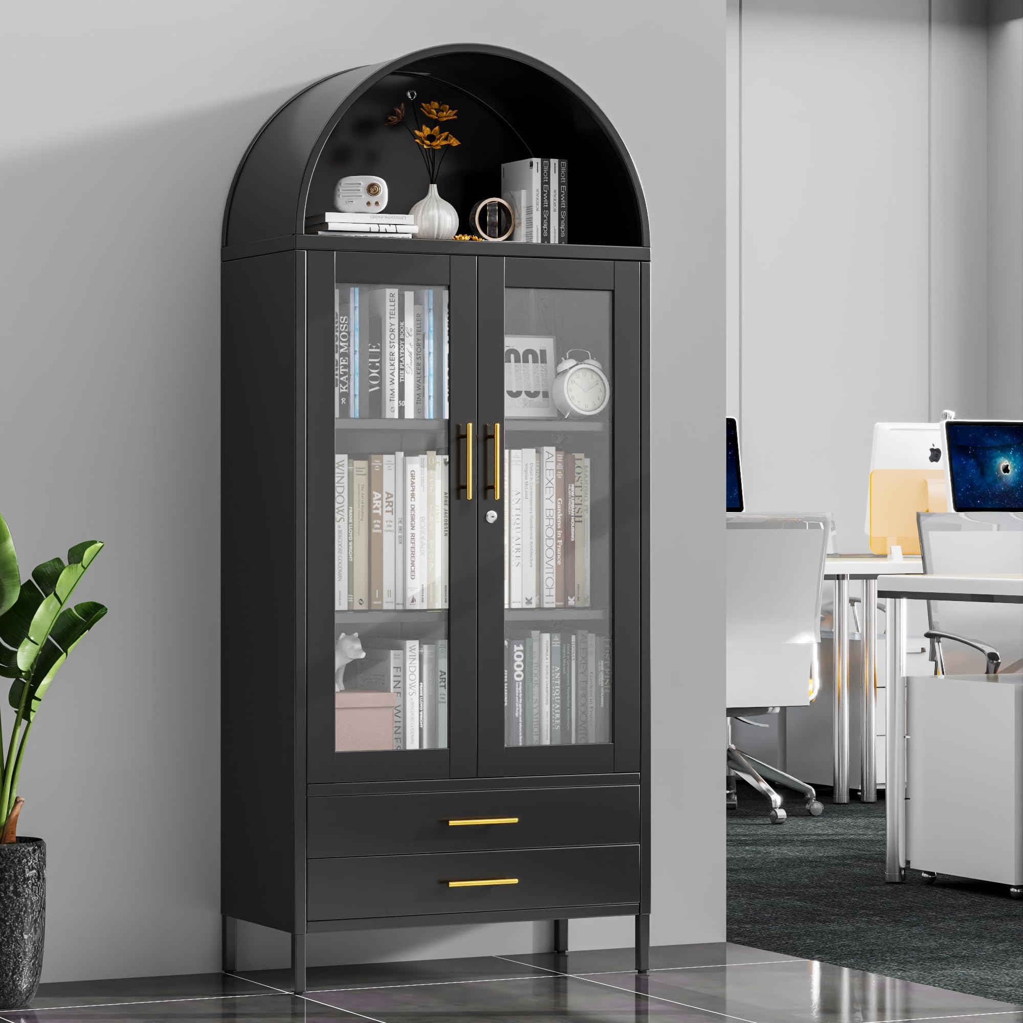 GangMei 73" Tall Display Cabinet with Glass Doors and 2 Drawers, Metal Arched Cabinet with 2 Adjustable Shelves & Lock, Freestanding Curio Storage Cabinet for Home, Assembly Required, Black