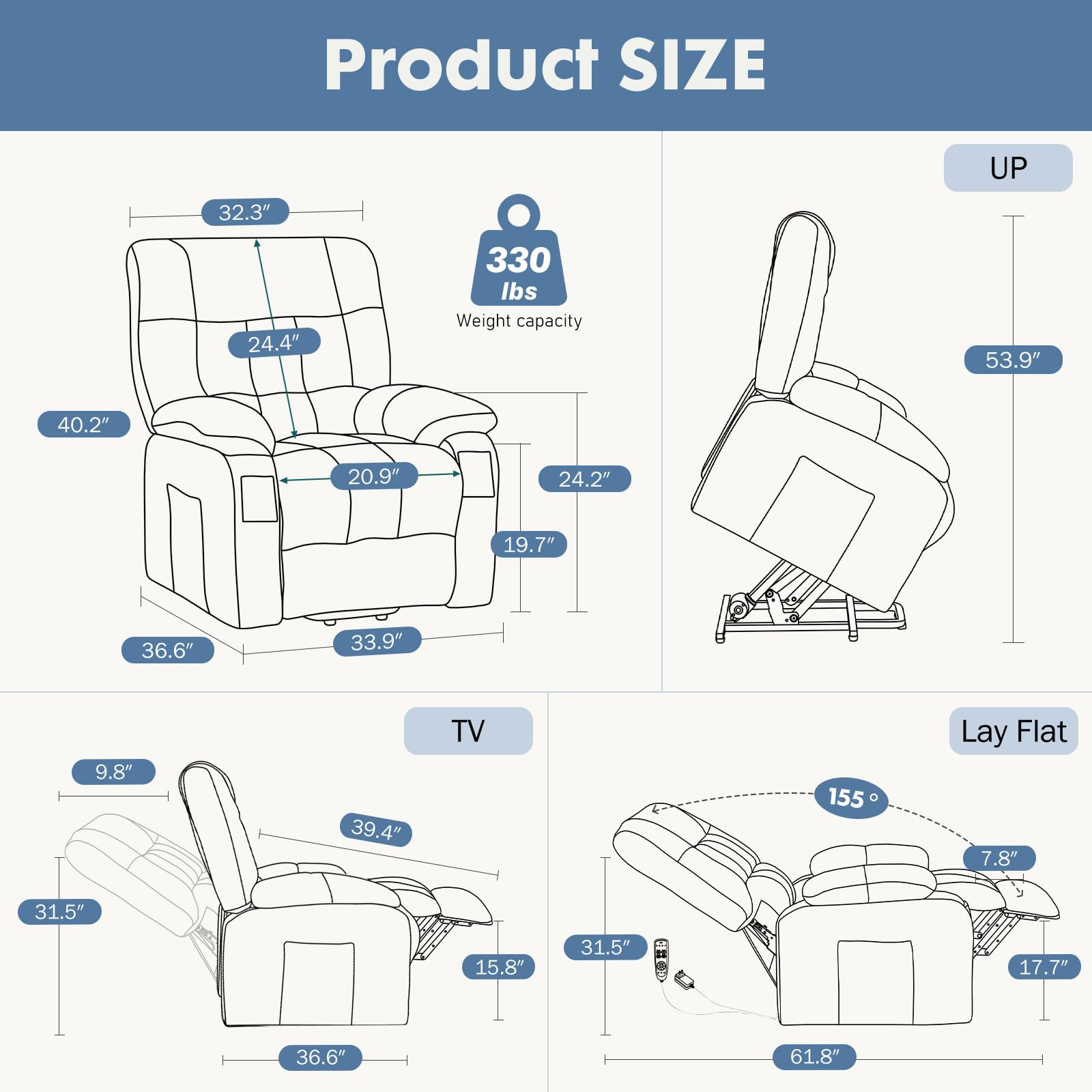 DUMOS Power Lift Recliner Chair with Vibration Massage and Heat for Elderly, Ergonomic Overstuffed Breathable Fabric Reclining Chair with 3 Pockets, Remote Control, Living Room, Bedroom, Brown