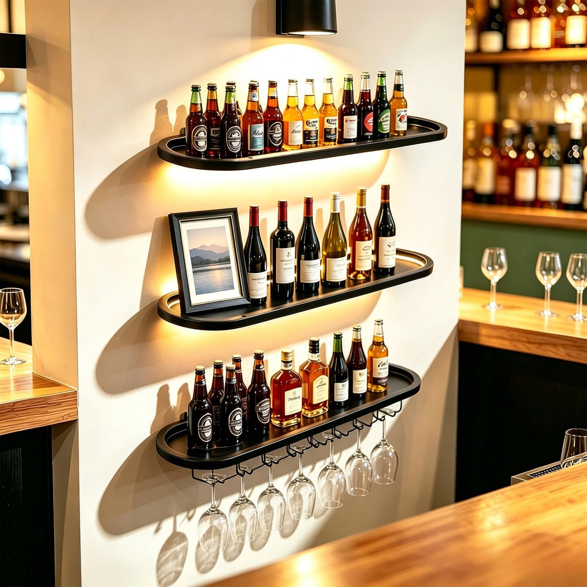 39.3 in Wall Mounted Wine Rack with Curved LED Lights Bottle Glass Rack