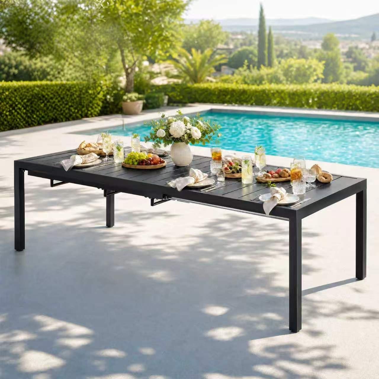 MEOOEM Expandable Patio Dining Table for 8, 78.8" Large Long Adjustable Rectangular Outdoor Table for 4-8 Person, 500LBS Sturdy Black Metal Extendable Patio Table for Outside,Garden, Lawn, Backyard