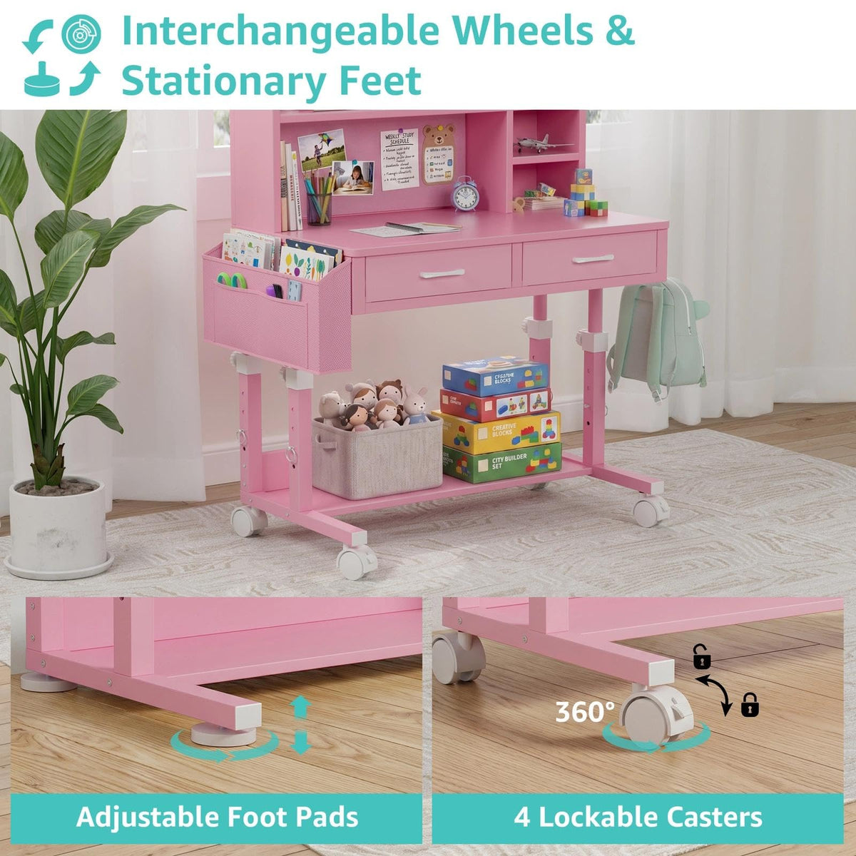 Pink Kids Desk with Hutch, 32" Height Adjustable Mobile Rolling Girls Desk