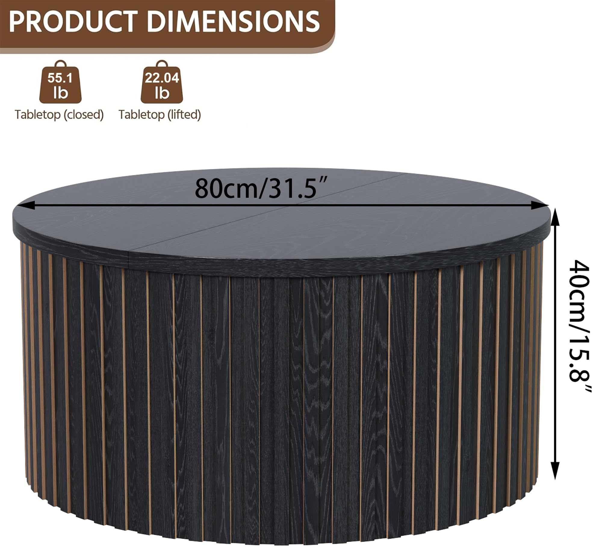 Limaoaio Fluted Lift Top Coffee Table with Storage, 31.5'' Farmhouse Round Coffee Tables for Living Room, Modern Wood Center Tables with Hidden Compartment for Home, Office (Black)
