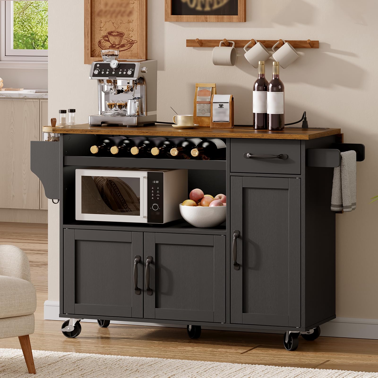 RALGEND Rolling Kitchen Island Cart with Drop Leaf & Power Outlet, Mobile Kitchen Island on Wheels, Island Table with Storage Cabinet, Microwave Shelf & Wine Rack for Kitchen, Black & Rustic Brown