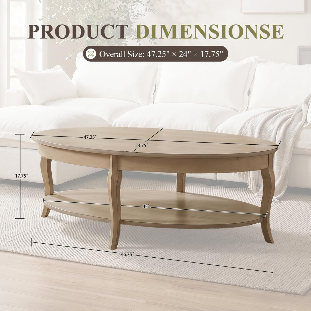 Oval Solid Wood Coffee Table with Storage