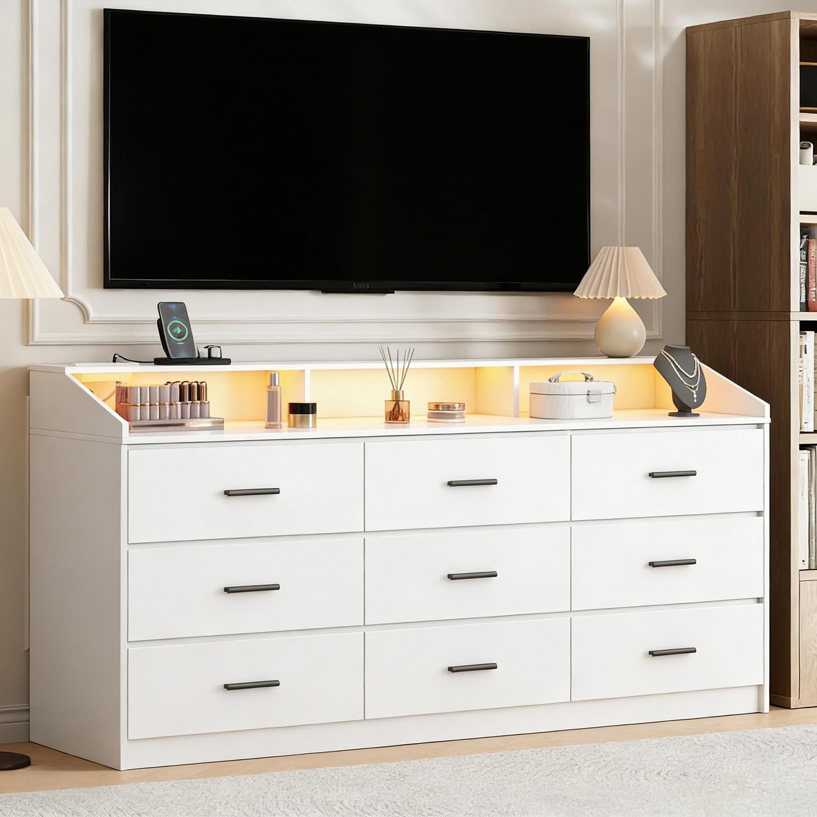 9 Drawer Dressers for Bedroom with Charging Station, Wooden Dresser Wide Dresser with Led Light, 63'' Long Dresser for Closet with Open Cubby, Modern White Bedroom Dresser Triple Wide Chest of Drawers