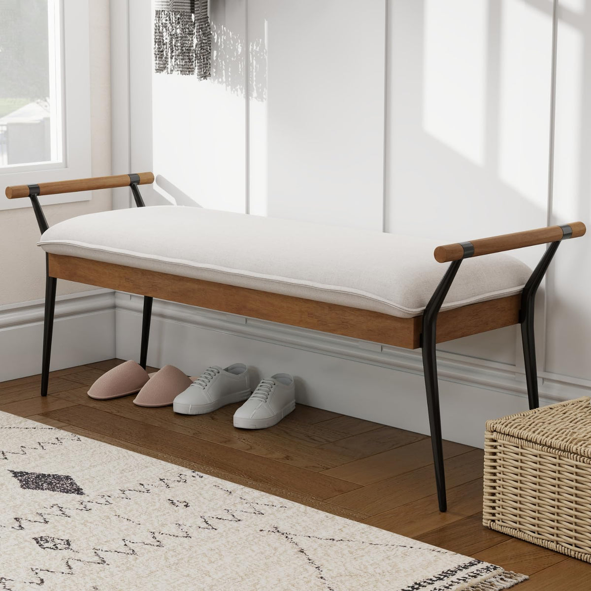 White Chenille Bench with Arms