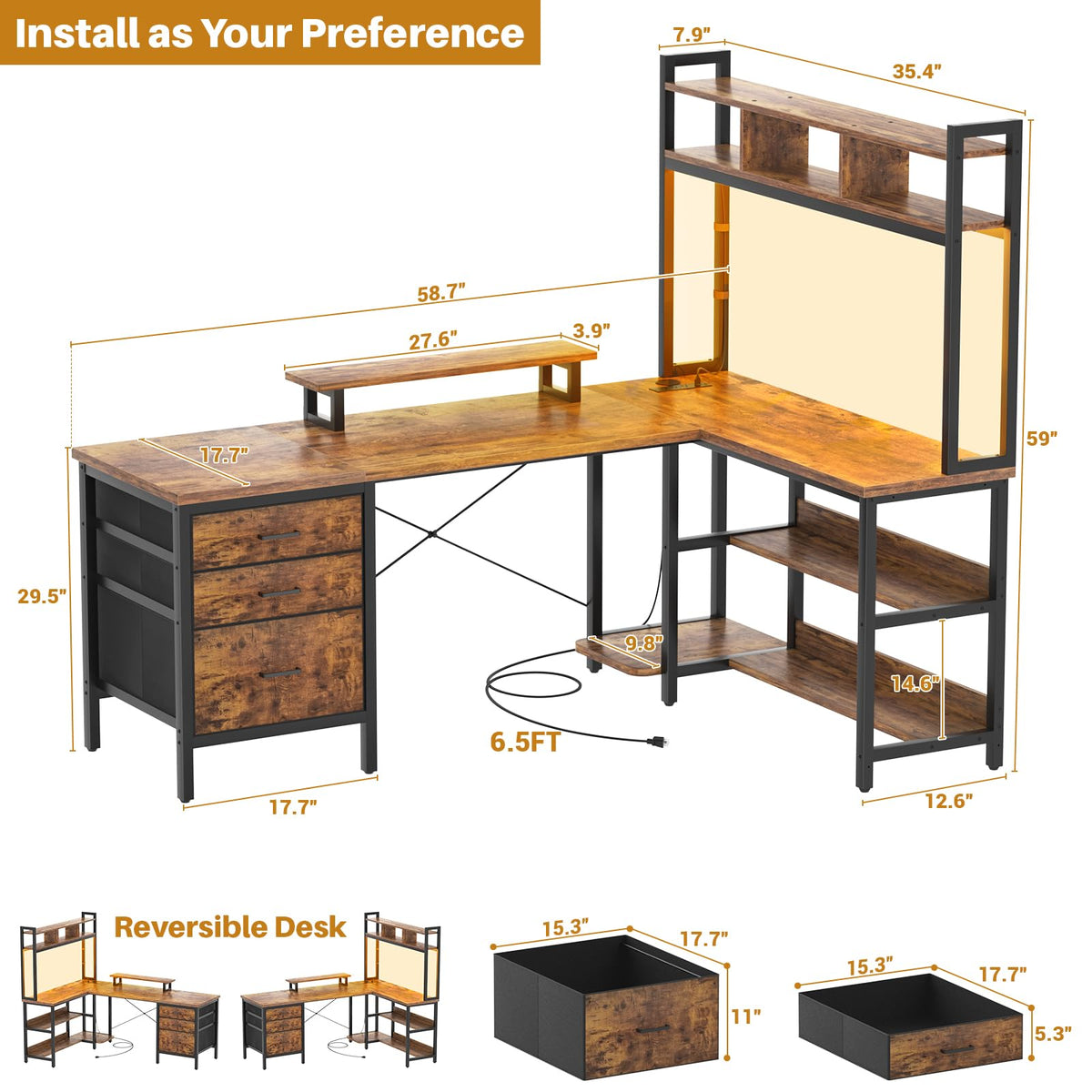 L-Shaped LED Desk with Hutch