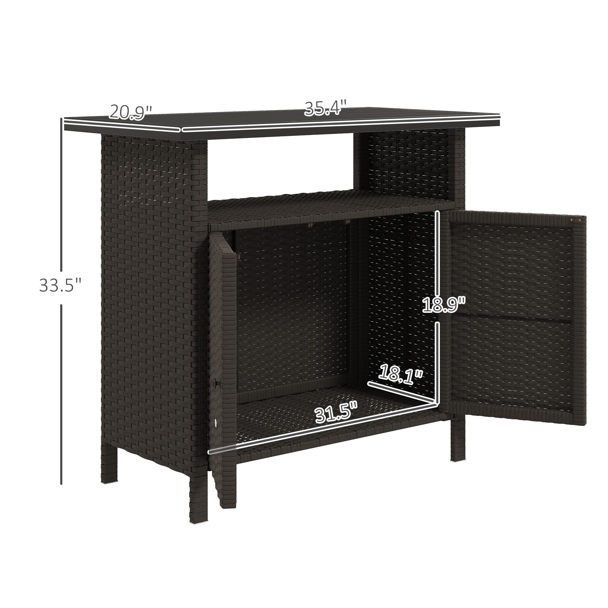 Outsunny Wicker Outdoor Storage Cabinet, Rattan Bar Table with 2 Doors and Shelf, Buffet Sideboard with Metal Slatted Countertop for Poolside, Patio, Backyard, Dark Coffee
