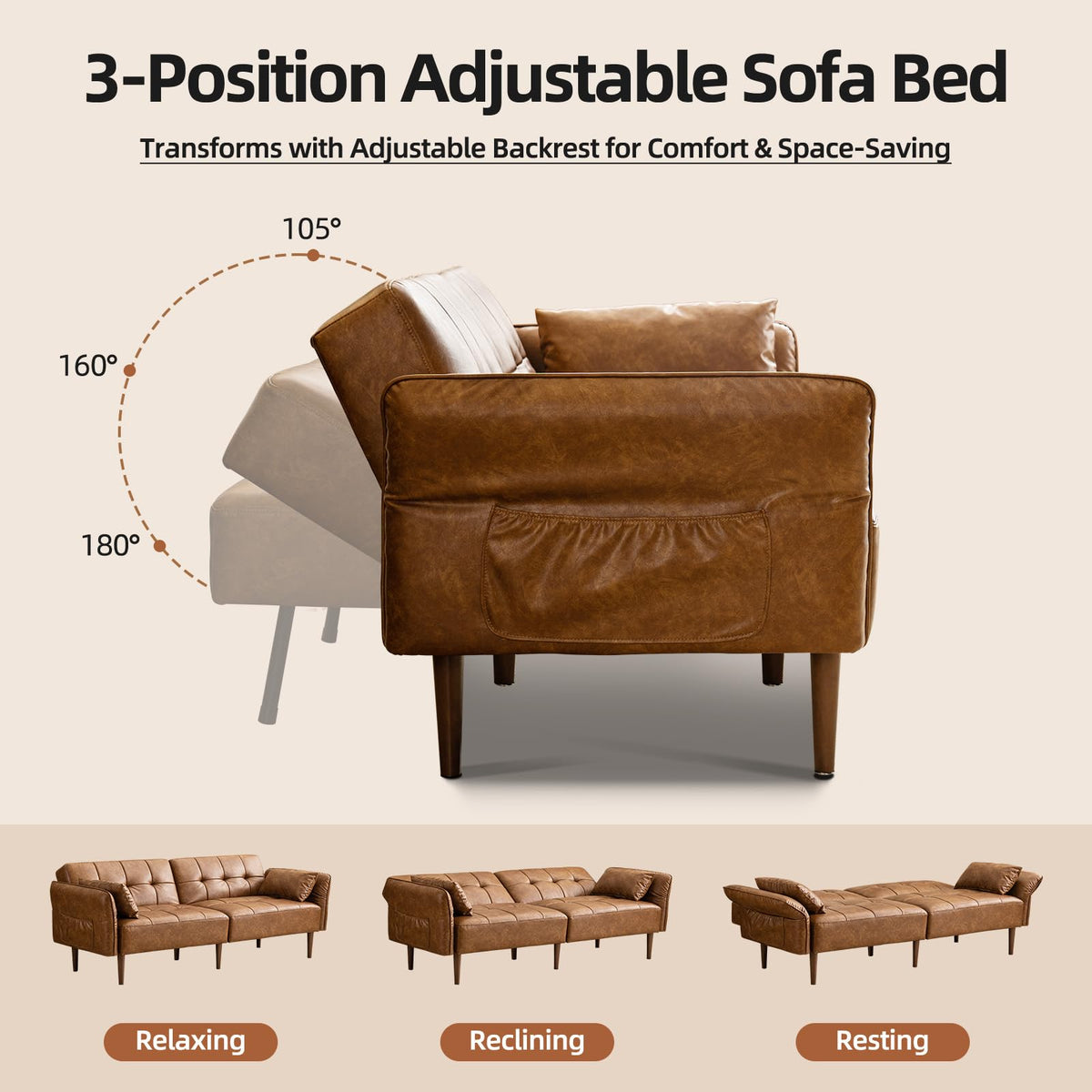 Brown Faux Leather Futon Sofa Bed