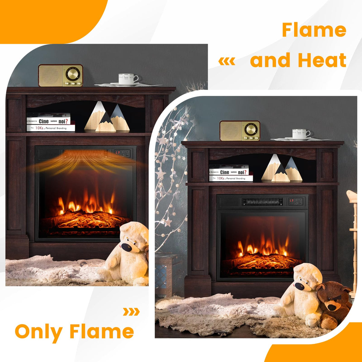 SIMOE 32-Inch Electric Fireplace with Mantel, Storage Cabinet, Brown
