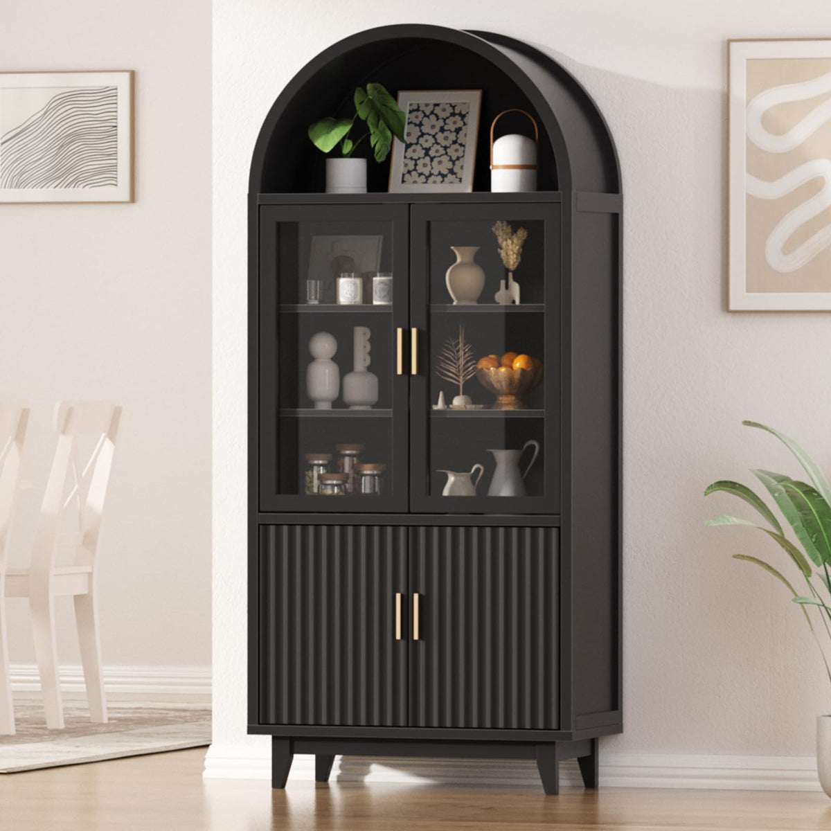 FiveWillowise Kitchen Pantry Cabinet with Glass Doors, Arched Design, Black