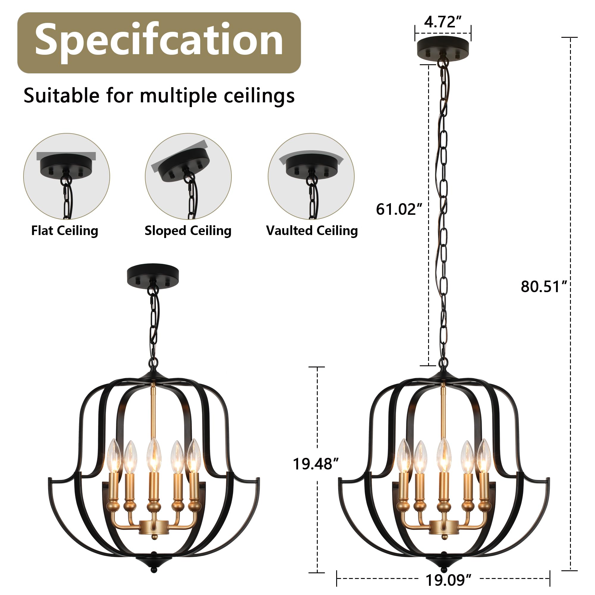 QMNHAU 19" Black and Gold Chandelier for Dining Room, 5-Light Rustic Farmhouse Chandeliers Modern Industrial Hanging Pendant Light for Kitchen Entryway Hallway Foyer Living Room