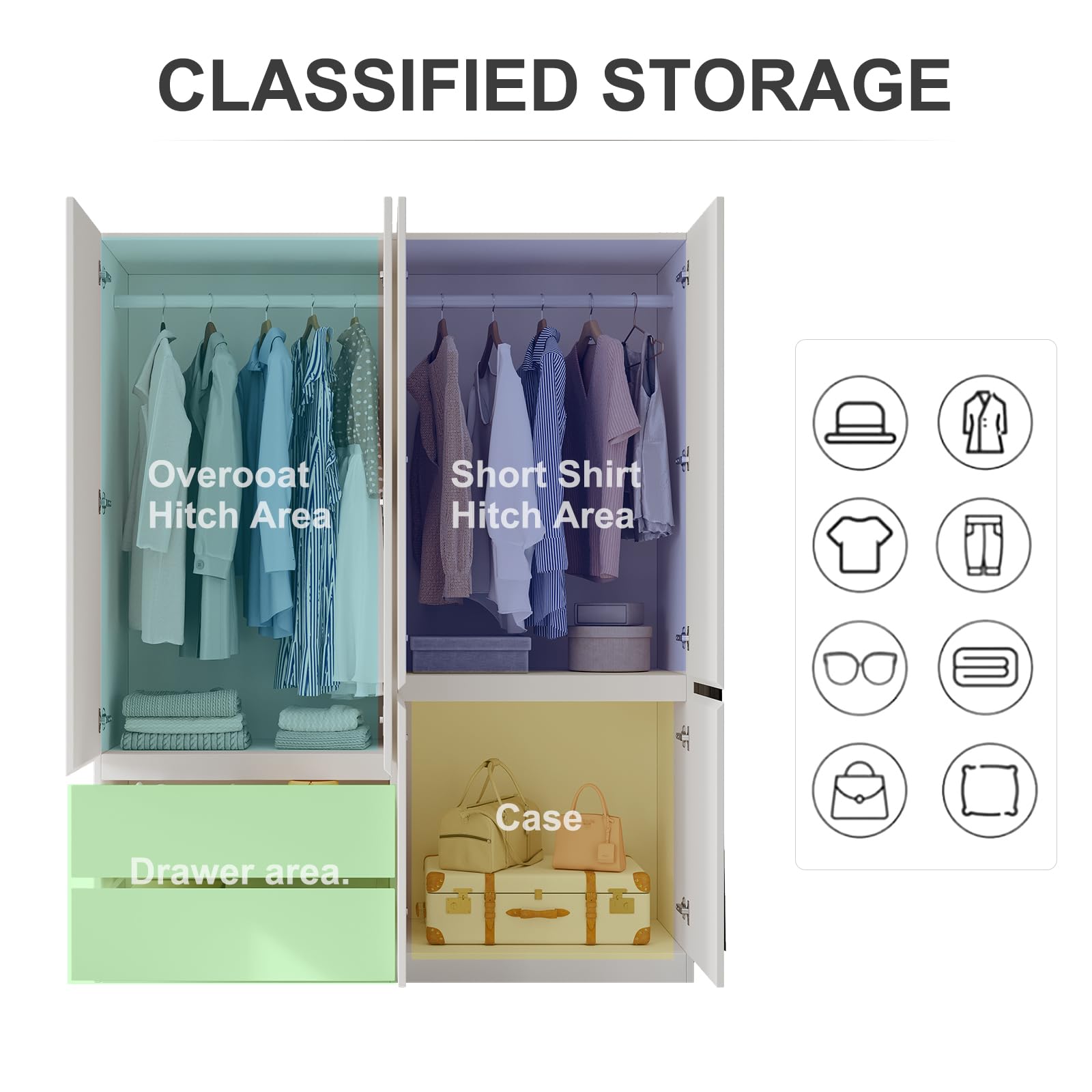 4-Door Wardrobe Armoire with Drawers & Hanging Rod