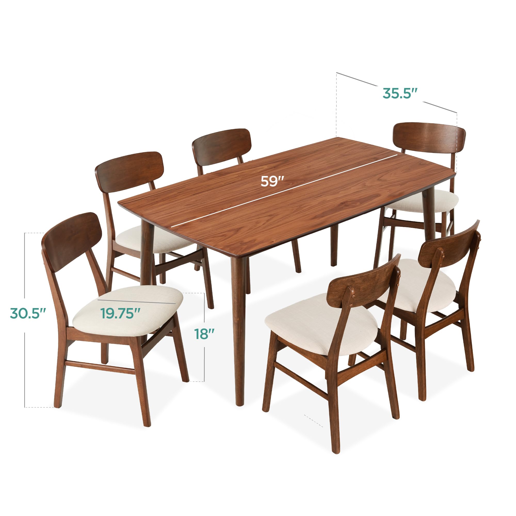 7-Piece Mid-Century Modern Dining Set with 6 Upholstered Chairs