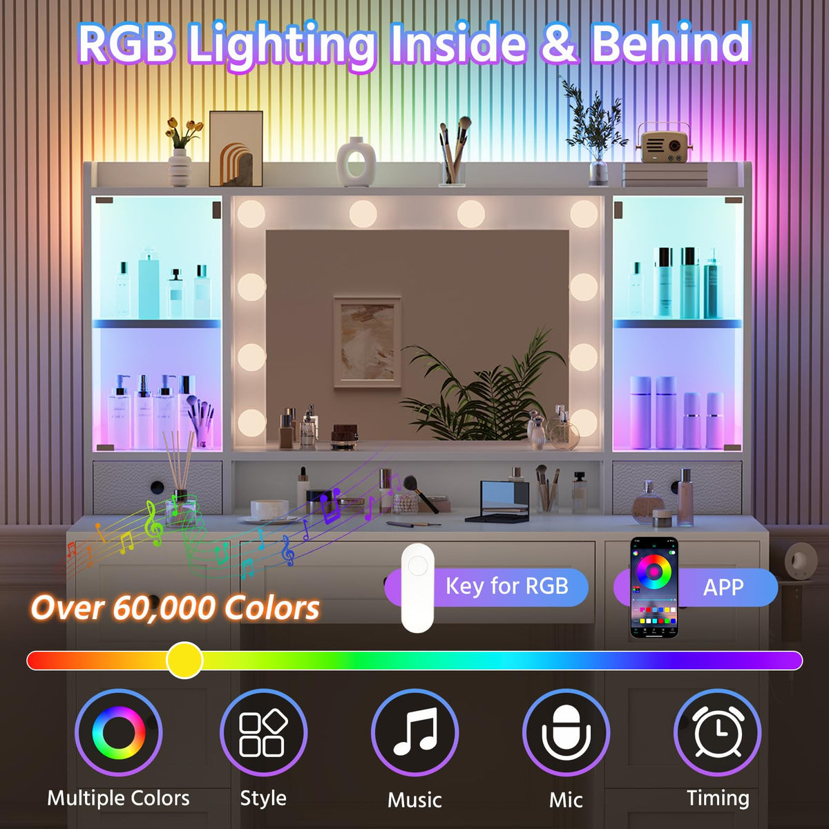 Makeup Vanity Desk with Mirror and Lights, 9 Storage Drawers, 2 RGB Cabinet