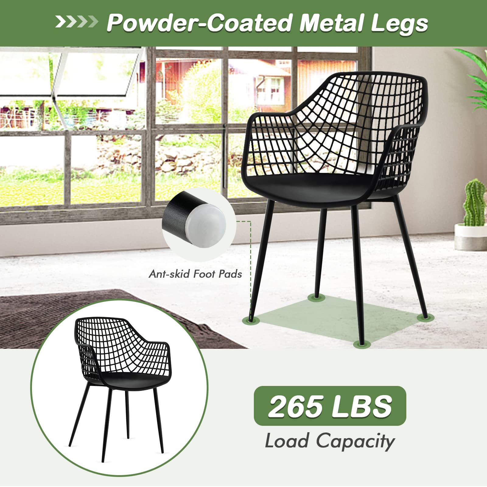 Giantex Modern Dining Chairs Set of 4 - Black Arm Chair with 15" High Backrest, Powder-Coated Metal Legs, Anti-Slip Foot Pads, Max Load 265 lbs, Kitchen Dining Room