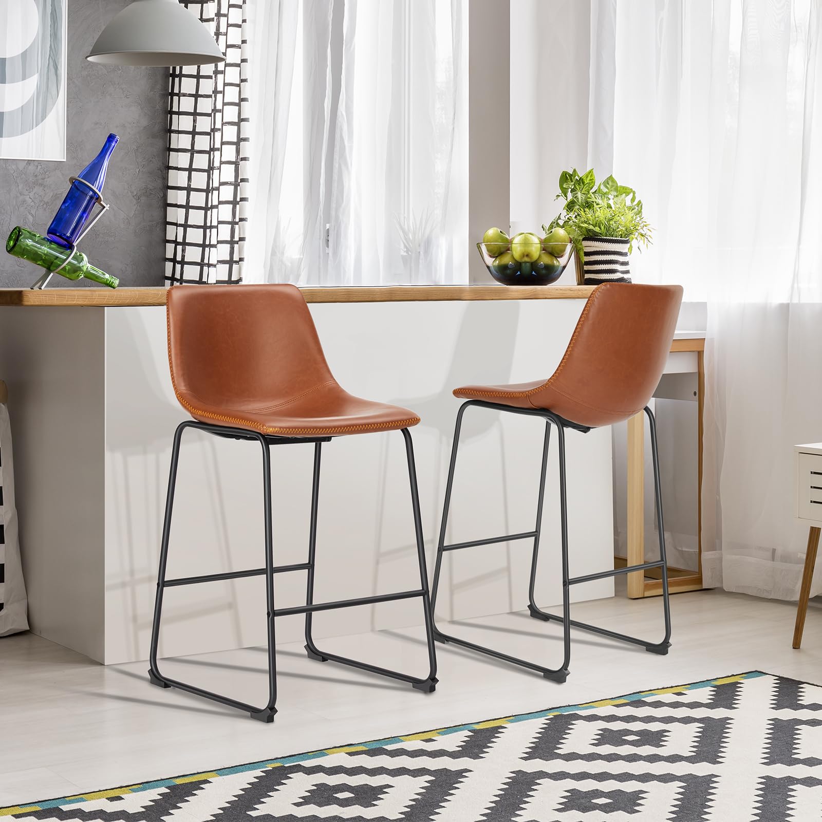 Counter Height Bar Stools Set of 2 – Brown Faux Leather, Metal Legs