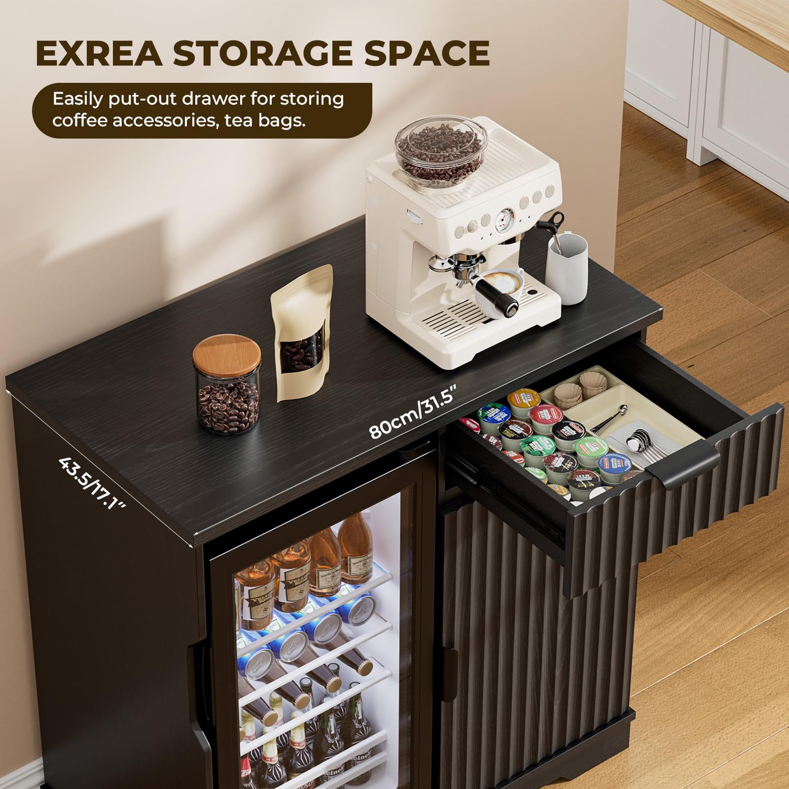 Aauro Home Mini Fridge Cabinet (Fridge Included), Fluted Coffee Bar Cabinet with Refrigerator, Pull Out Drawer & Storage Cabinets, 31.5" Liquor Wine Bar Cabinet for Home, Kitchen, Dining Room, Blac