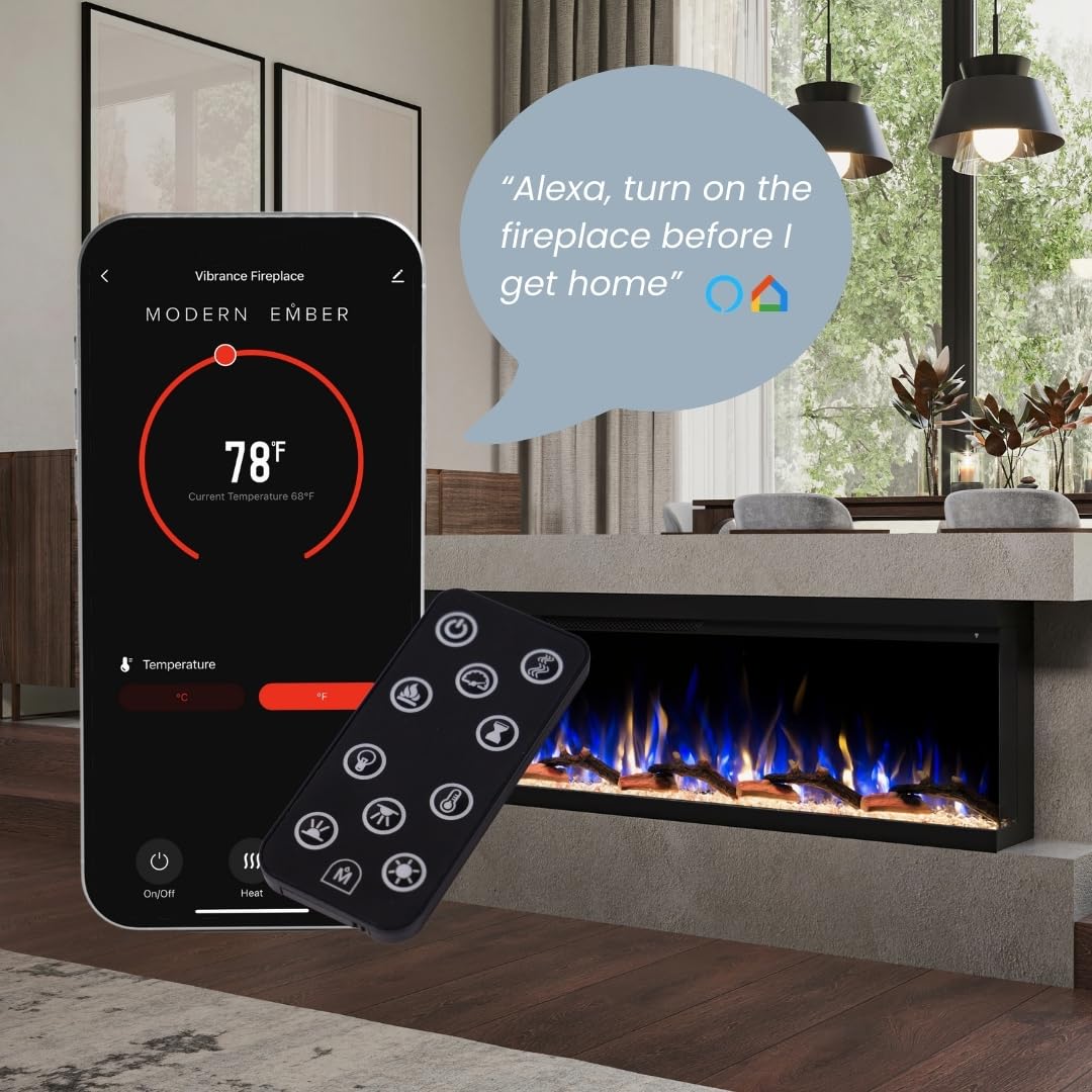 Modern Ember Aerus Skyline 72 Inch Linear Multi-Sided 3D Smart Electric Fireplace - Flame & Ember Bed Color Combinations, Fully or Partially Recessed | Alexa/WiFi Enabled - Remote Included