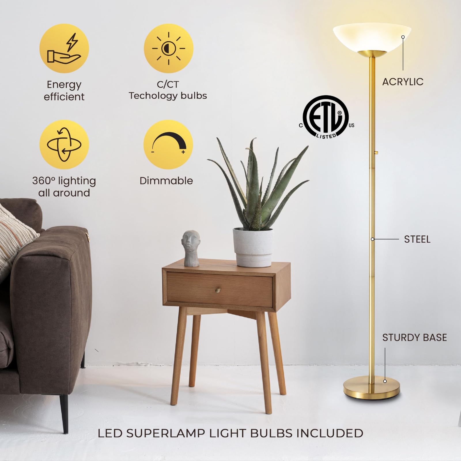 LED Floor Lamp 10000 Lumen Dimmable with Acrylic Shade