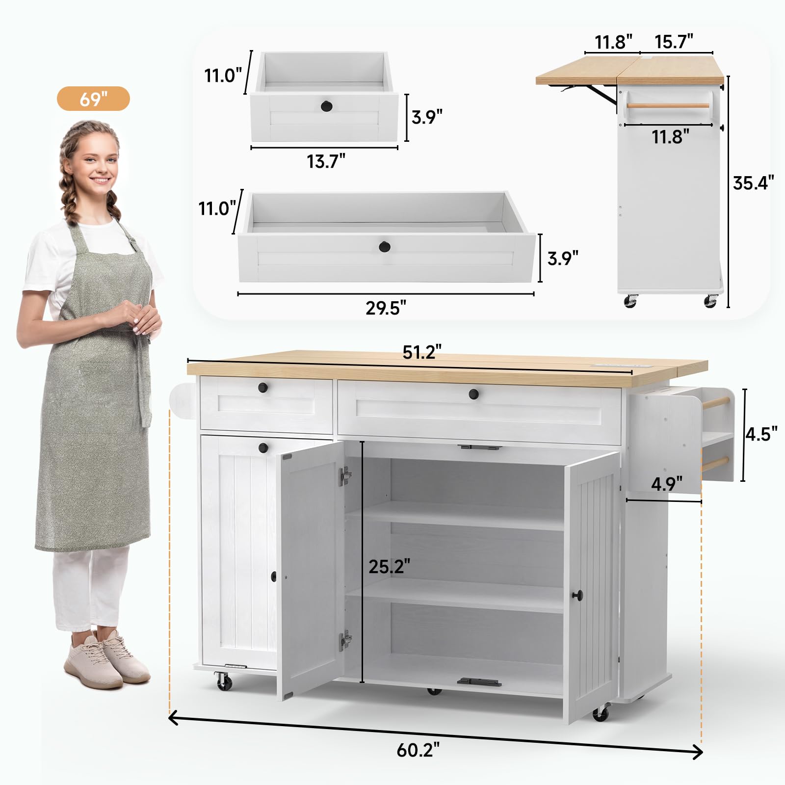 60" Rolling Kitchen Island with Power Outlet & Drop Leaf