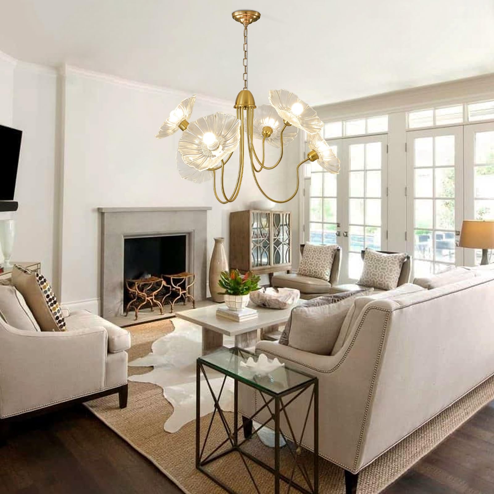 APLampara 33.4" Modern Floral Glass Chandelier, 6-Light Extra Large Ceiling Light Fixture with Clear Flower Shades, Brass Gold Accents for Living Room, Bedroom, Dining Room