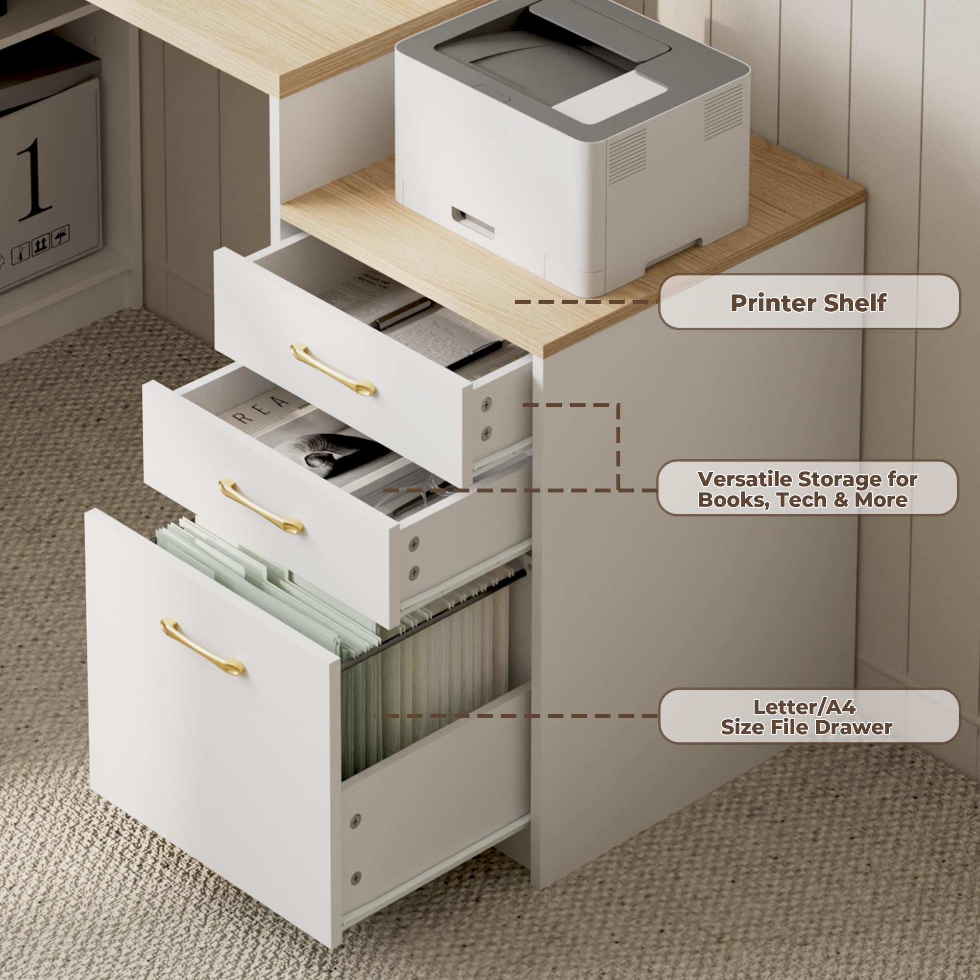 L-Shaped Desk with Storage Cabinet & Monitor Stand