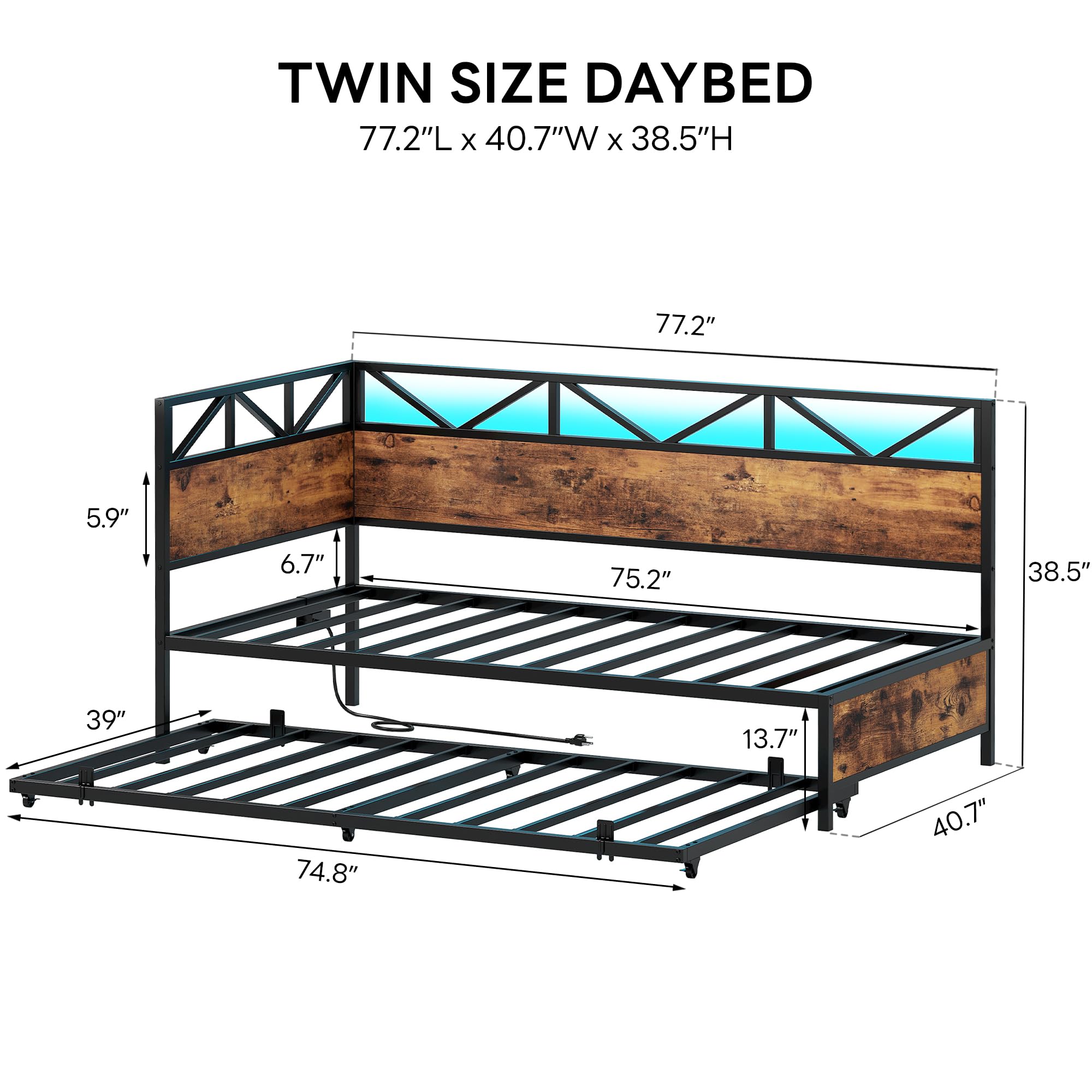 LIKIMIO Twin Daybed with Trundle, Metal Twin Size Bed Frame with LED Lights & Charging Station, Sofa Day Bed with Strong Supports for Living Room, Bedroom and Guest Room, Industrial Brown