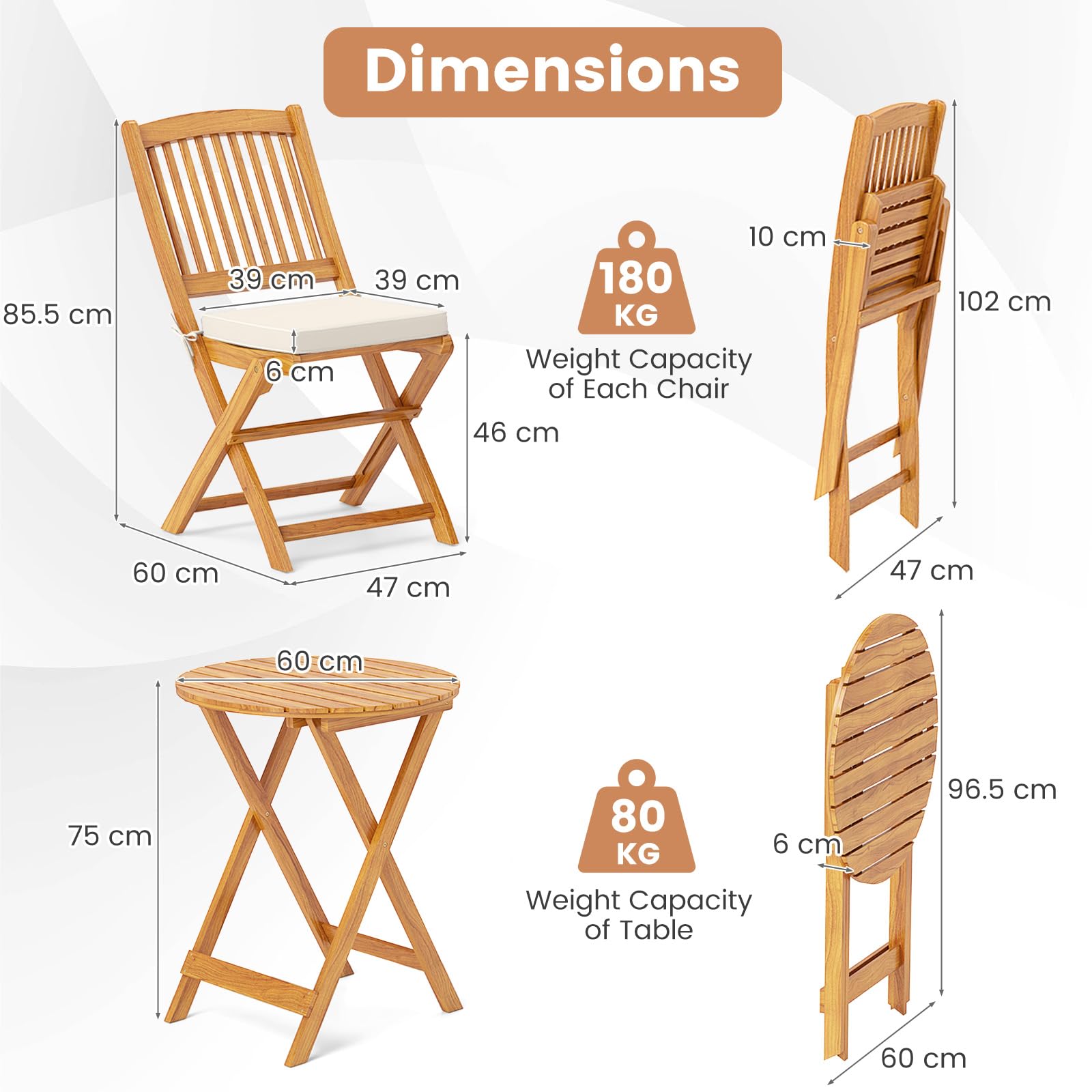 3-Piece Folding Acacia Wood Patio Bistro Set with Cushioned Chairs