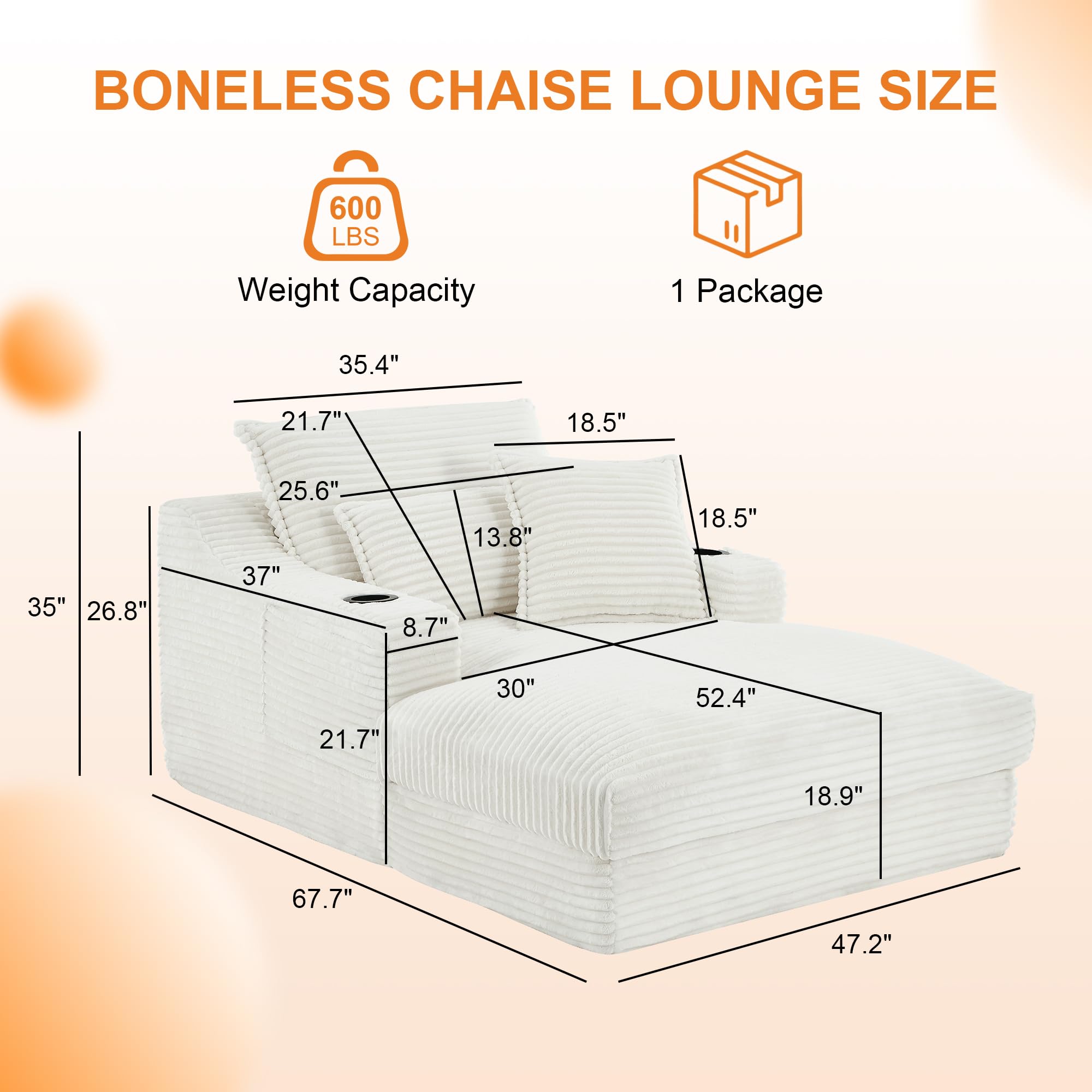 Oversized Chaise Lounge Chair Indoor, 67'' Upholstered Sleeper Sofa Bed with Cup Holders & 3 Pillows, Deep Seat Corduroy Boneless Cloud Sofa Couch for Living Room, No Assembly Reading Chair, White