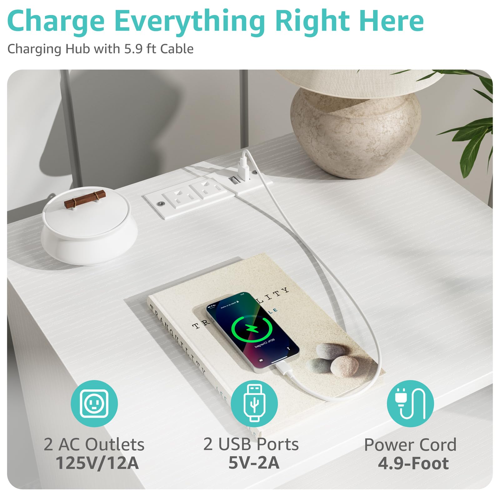 Nightstand with Charging Station & LED Lights