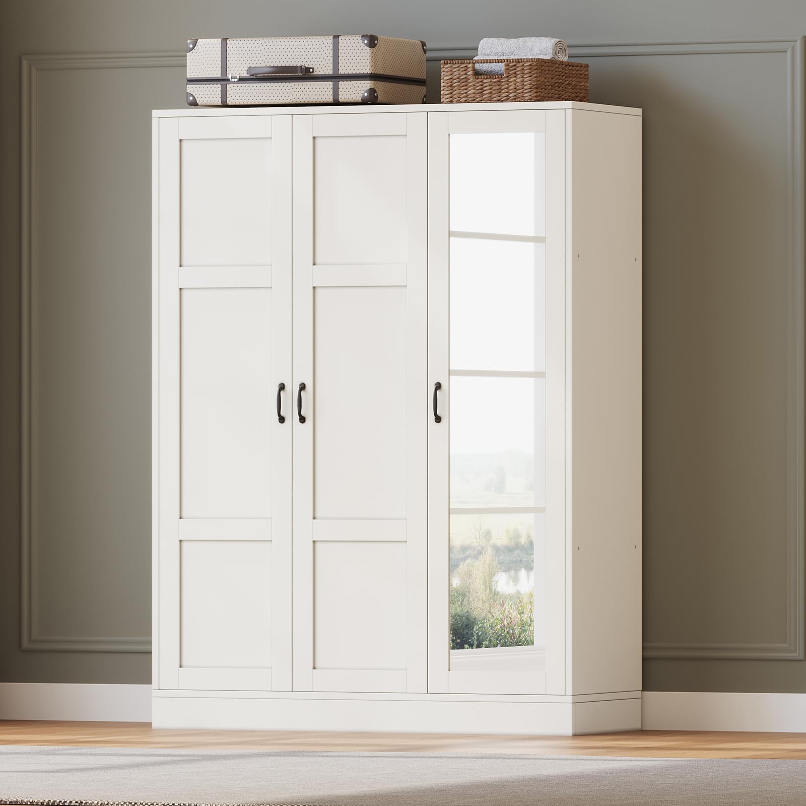 Yanosaku 3-Door Armoire Wardrobe Closet with Full Length Acrylic Mirror, Armoire with Adjustable Shelves & Hanging Rod, Freestanding Storage Cabinet for Bedroom, White