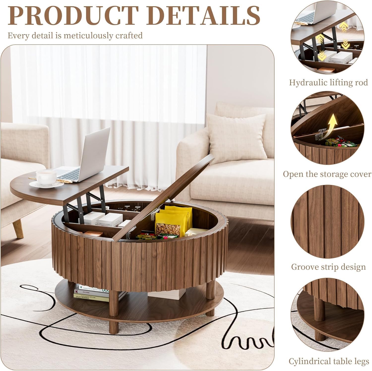 Limaoaio Round Lift Top Coffee Table with Storage, Mid Century Modern 2-Tier Circle Coffee Table with Hidden Compartment & Open Shelf, Fluted Wood Center Table for Living Room, Walnut