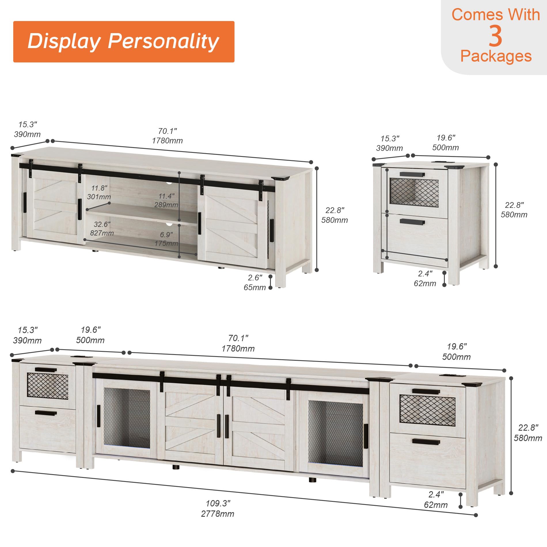 WAMPAT TV Stand Set for 85 inch TV with Charging Station, 3 in 1 Wood Entertainment Center TV Console Table for Living Room, Antique White