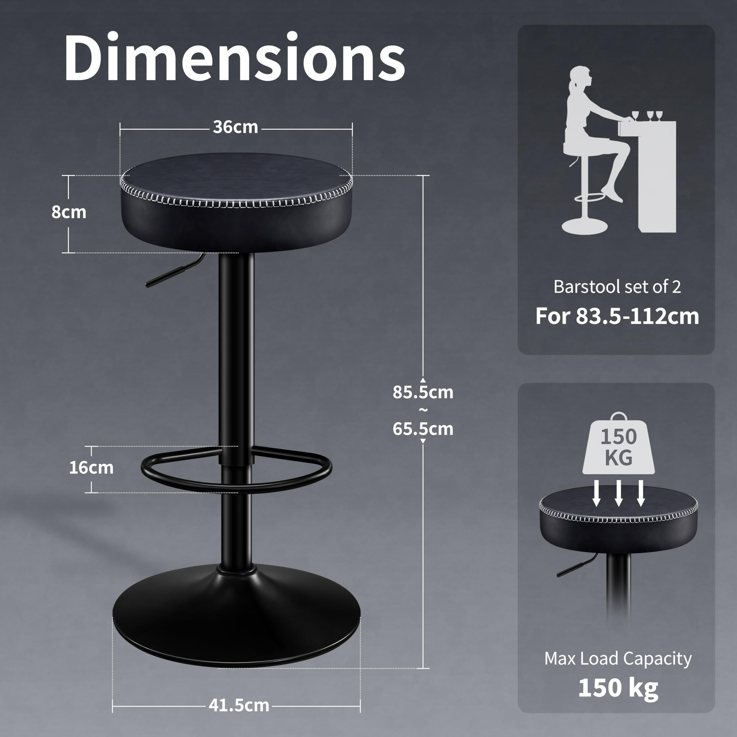 STOOLINK Swivel Bar Stools Set of 2 Black Microfiber Leather Counter Height Bar Stools with Round Seat Adjustable Backless Barstools Modern Tall Bar Chairs for Kitchen Island (24-33 Inch,330lbs)