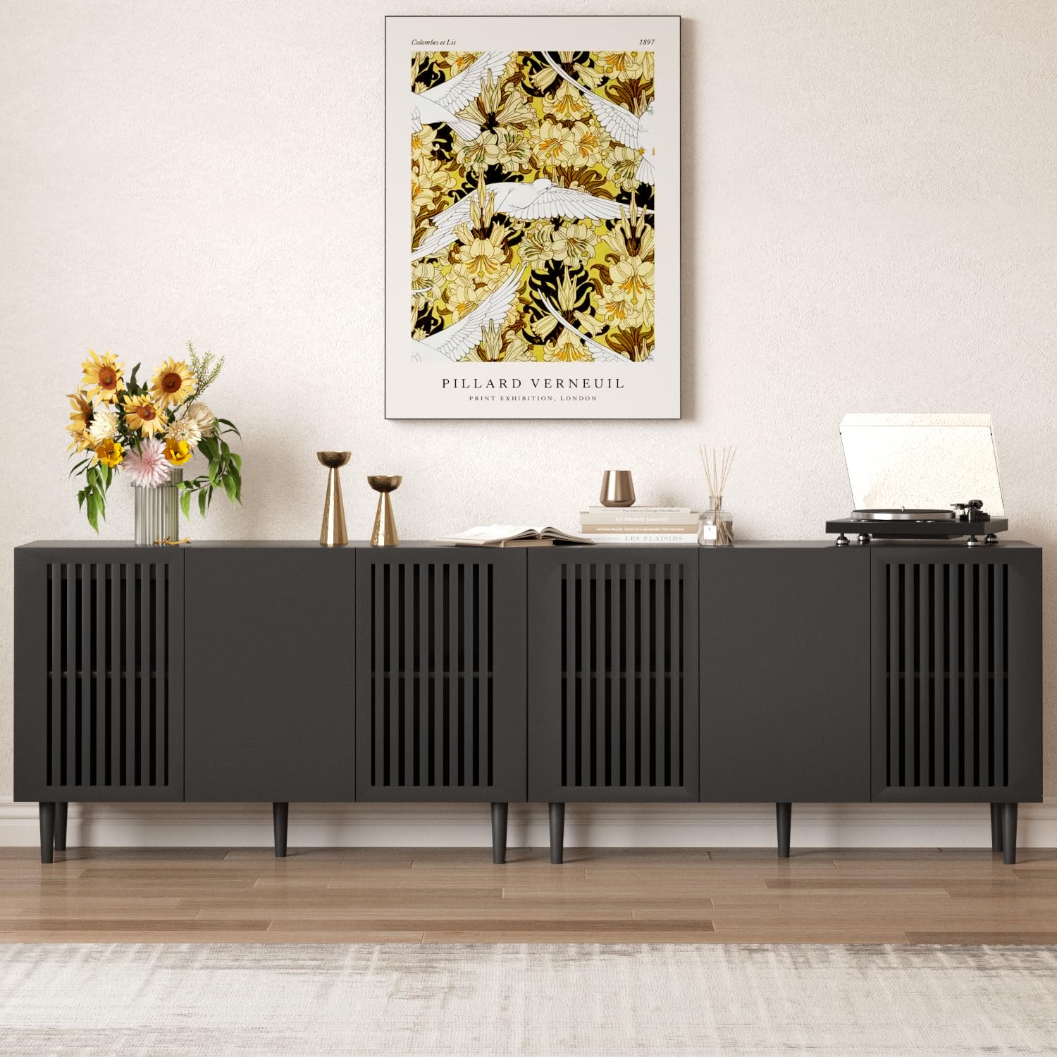 Storage Cabinet, 94.4" Freestanding Buffet Cabinet with 6 DIY Doors and Adjustable Shelf,Modern Sideboard Coffee Bar with Solid Wood Feet ,TV Stand for Living Room,Dining Room,Kitchen,Black,Set of 2