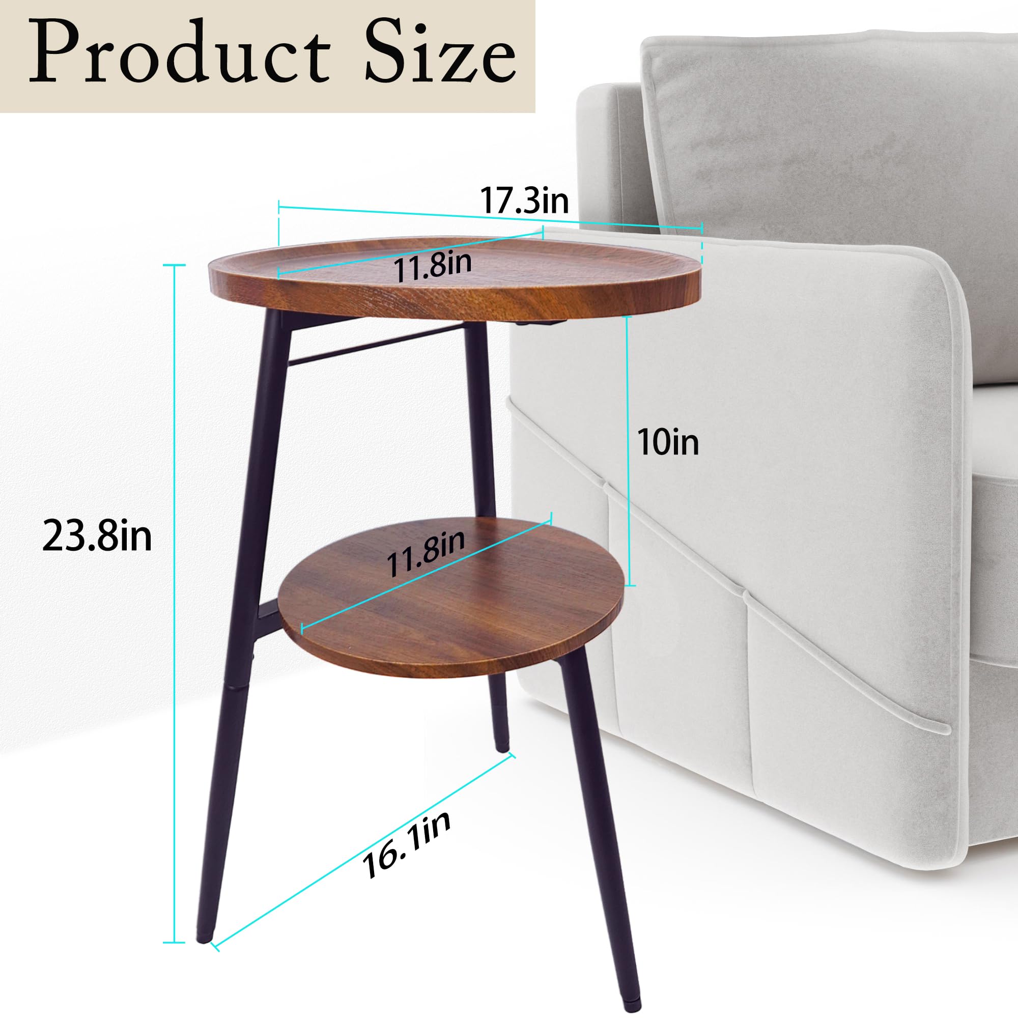 GUPZTY Side Table Small End Table, Oval Round Wood Sofa Table, 2 Tier Accent Table Nightstand Bedside Table with Metal Frame for Living Room, Bedroom, Small Spaces (Rustic Brown)