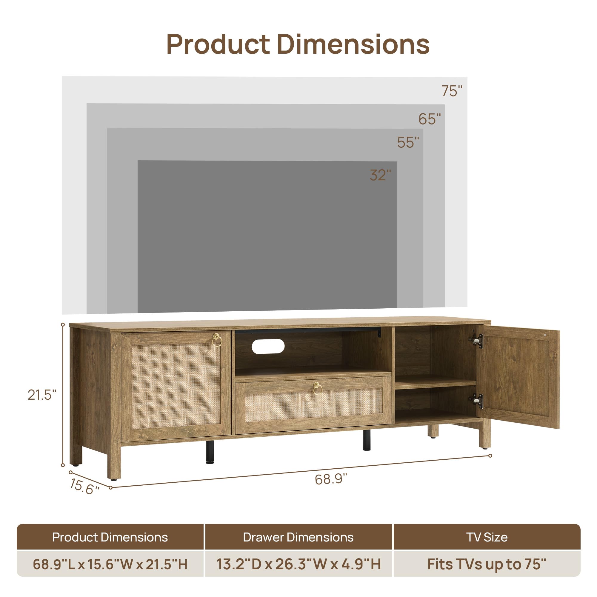 69" Rattan TV Stand with Drawer & Adjustable Shelves
