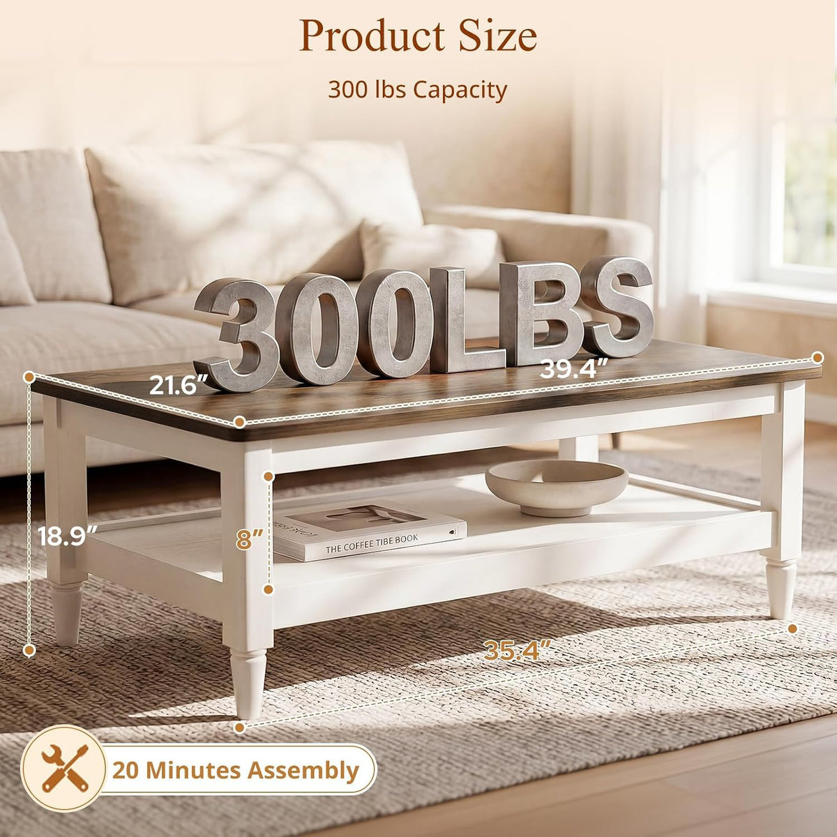 Foxemart 40" Farmhouse Coffee Table, Rustic White
