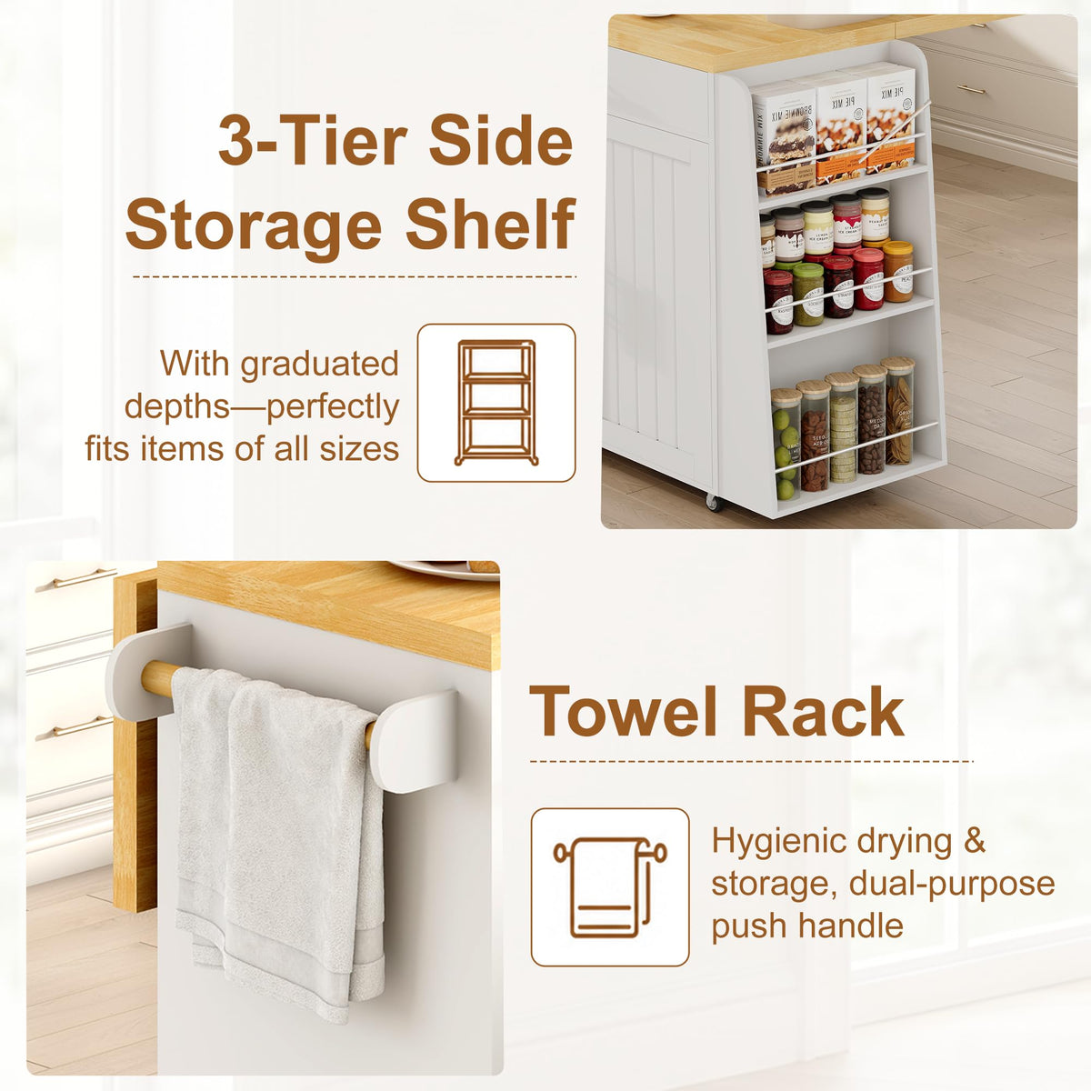 DreamDashio 65" Kitchen Island with Drop Leaf, Rolling Island with Spice Rack & Towel Rack, Mobile Kitchen Island Cart with 2 Draws & Trash Storage Cabinet, Portable Island Table on Wheels for Kitchen