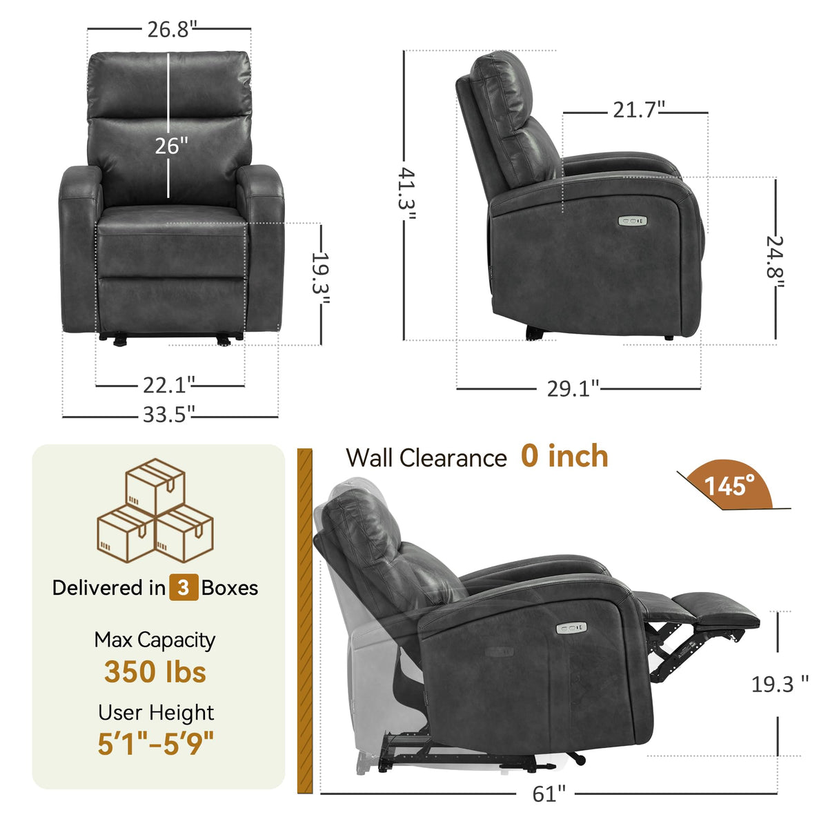 MCombo Zero Wall Recliner Chair, Power Wall Hugger Recliner with USB & Type-C Dual Charge Ports for Small Space, Living Room, RV PR644 (Dark Grey)