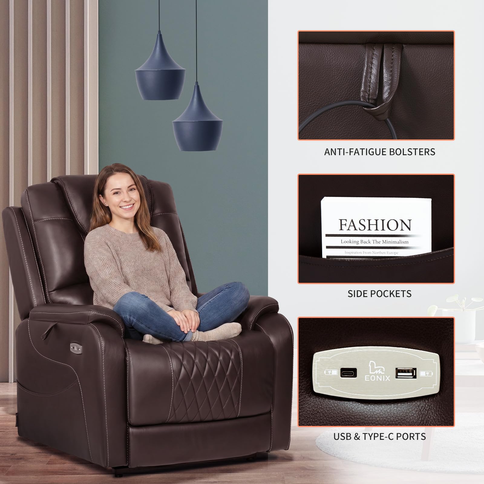 EONIX Triple Motor Lay Flat Power Lift Recliner Chair for Elderly with Massage, 400lbs Electirc Lift Chair for Living Room, Independent Adjustable Backrest Headrest, Extended Footrest, Dark Brown