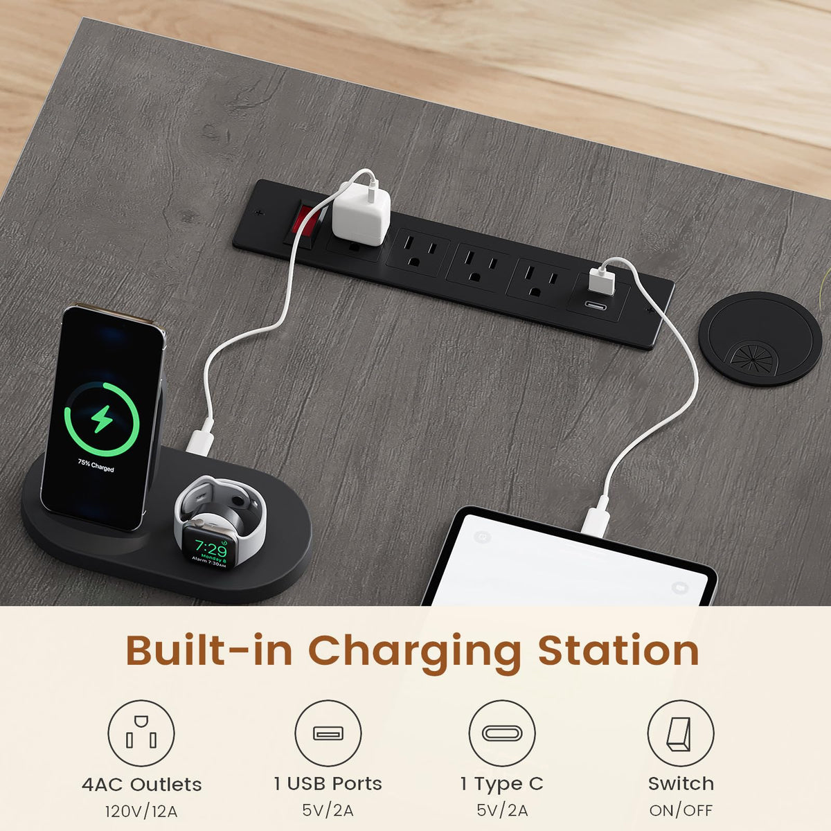 L-Shaped Executive Desk with Charging Station