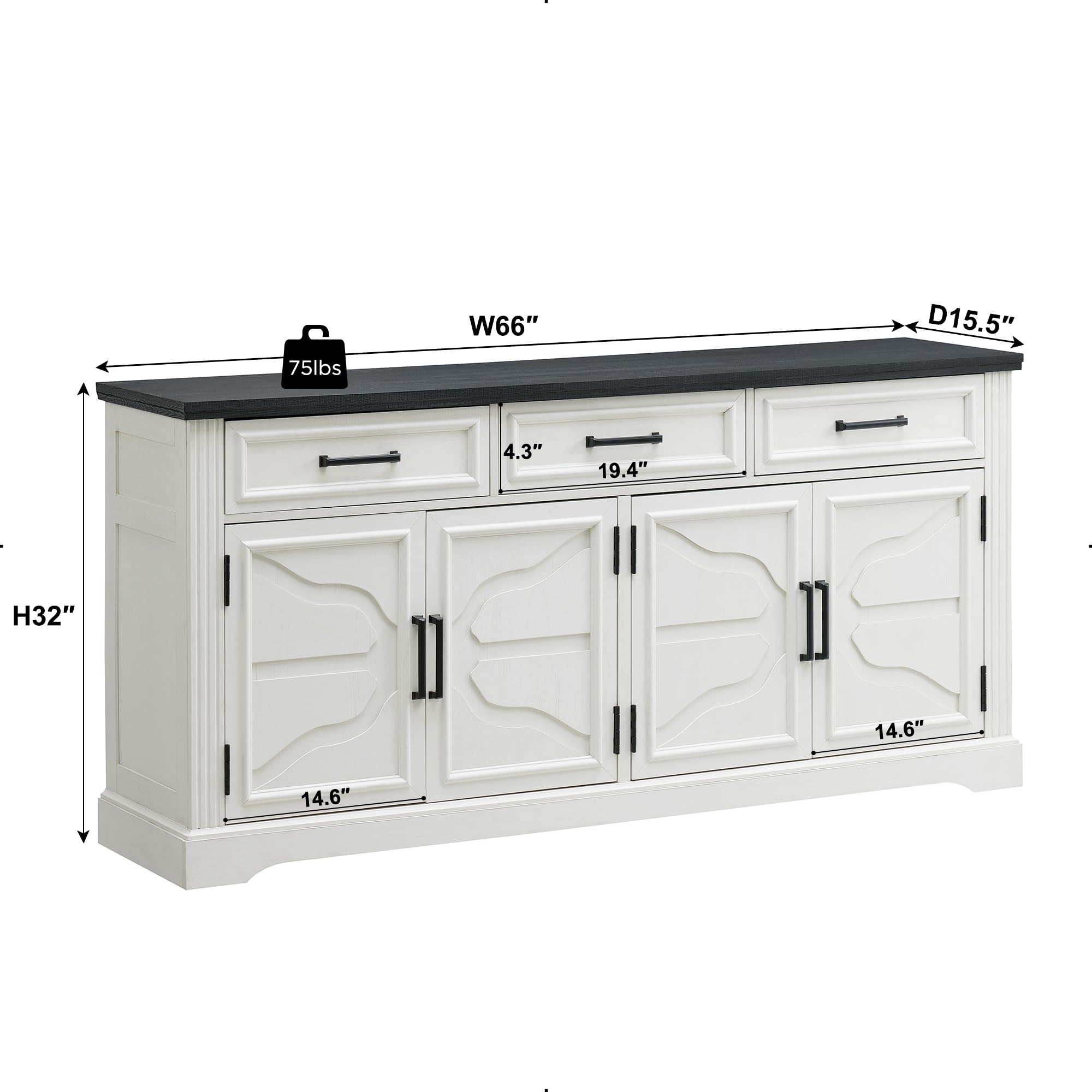 JXQTLINGMU 66" Farmhouse Buffet Cabinet with Storage, Sideboard Credenza with 4 Door Cabinets, Adjustable Shelves & 3 Drawers, Coffee Bar Cabinet for Dining Room, Kitchen, Living Room, Off White