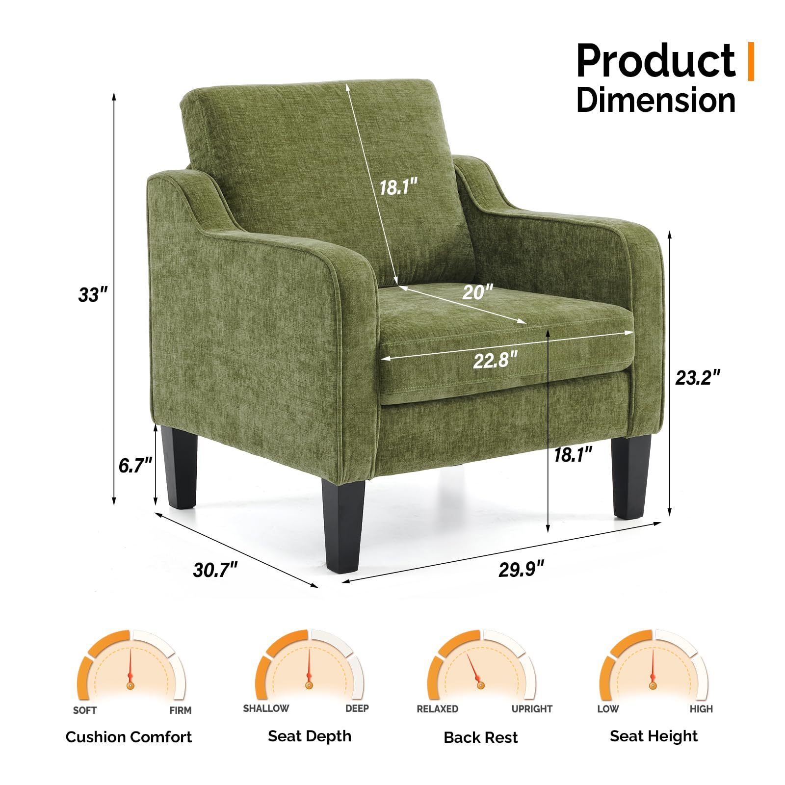 VINGLI Accent Chairs Set of 2 Living Room Chairs Olive Green Reading Chair for Bedroom Scooped Arm Chair Mid Century Modern Accent Chairs Upholstered Comfy Chair for Apartment, Waiting Room