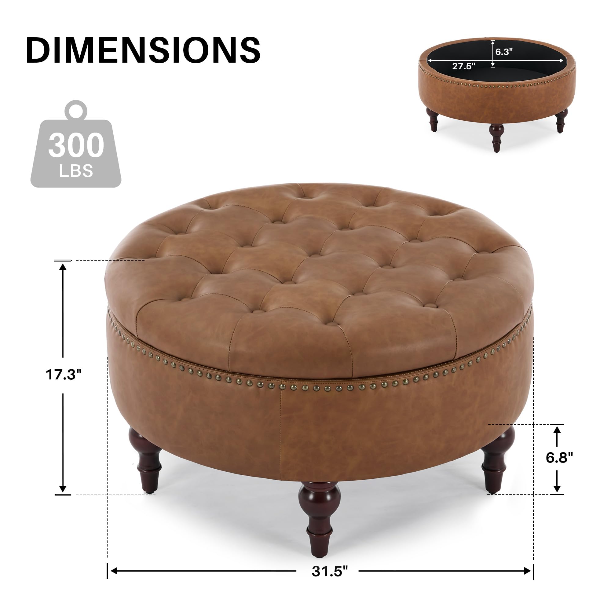 obmedin 31.5" Large Round Storage Ottoman, Upholstered Tufted PU Ottoman Coffee Table, Large Footrest with Solid Wooden Legs and Nailheads, Side Table for Living Room Bedroom Office, Brown