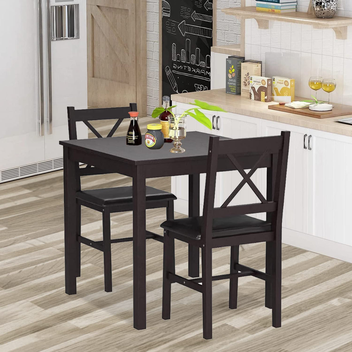 Hudada 3-Piece Solid Wood Kitchen Table Set for 2 | Pine Dining Table with Upholstered Chairs | Space-Saving Design | Smooth Easy-to-Clean Surface | for Dining Room, Apartment, Restaurant, Dark Brown